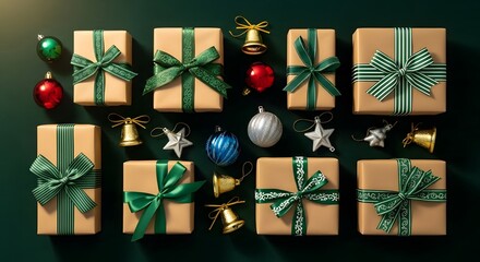Beautifully Wrapped Christmas Gift Boxes with Festive Ornaments and Bells on a Dark Green Background