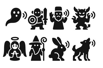 Obraz premium Mythological Sound Icons. Solid style icons of mythological sound beings: echo spirits, sound guardians, voice gods. Resonance