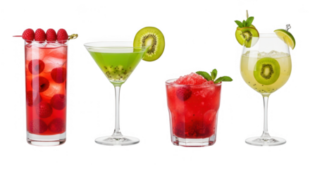 Four colorful cocktail drinks with fruit garnish isolated on transparent background
