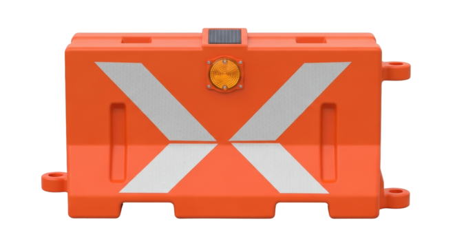 Isolated orange traffic barrier with silver reflective cross pattern and solar powered light
