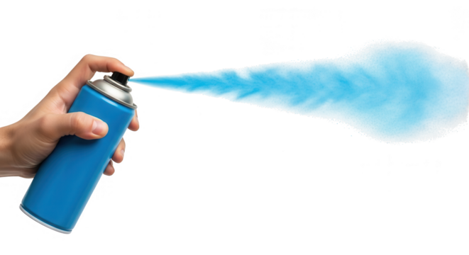 Hand spraying blue aerosol paint isolated on transparent background