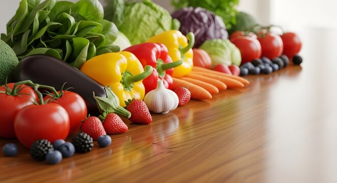 A vibrant and fresh assortment of healthy vegetables and berries, showcasing a natural and nutritious collection