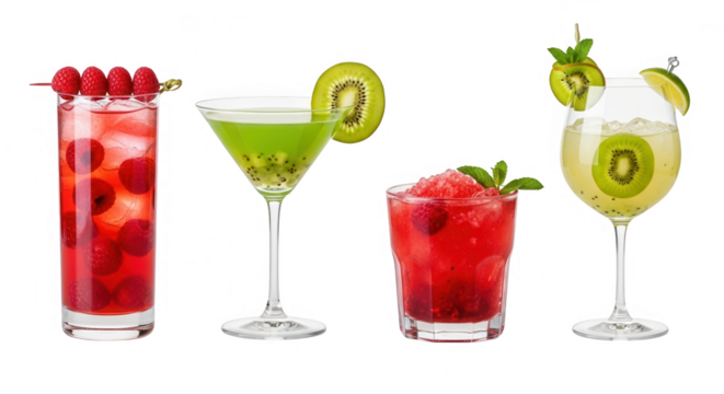 Four colorful cocktail drinks with fruit garnish isolated on transparent background