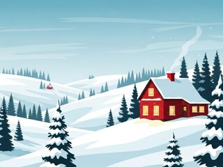 Fototapeta premium Cozy red cabin nestled in snowy winter landscape with pine trees