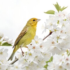 &ldquo;A beautiful songbird perched among white flowers, clear image, white background&rdquo;