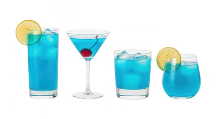 Four blue cocktails with ice and lemon garnish isolated on transparent background
