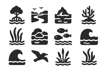 Fototapeta premium Oceanic Habitat Icons. Solid style icons of Oceanic Habitats: mangrove tree, estuary, polar ocean, coral reef, seagrass, tidal