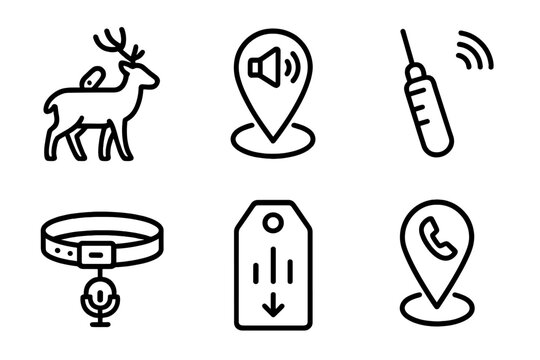 Sound Tracking Icons. Line style icons of sound tagging and tracking: audio tag on animal, GPS+sound combo icon, acoustic