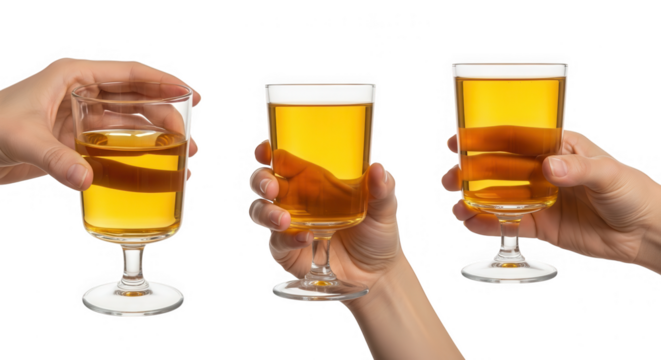 Three hands holding glasses of amber beverage isolated on transparent background