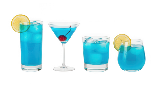 Four blue cocktails with ice and lemon garnish isolated on transparent background - Powered by Adobe