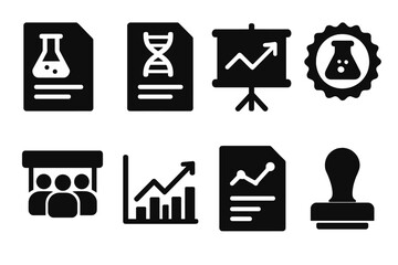 Scientific Icons Collection. Solid style icons of scientific communication and reports: lab report sheet, scan result page,