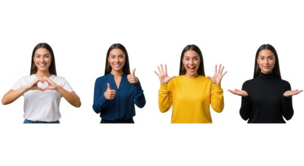 Four poses of a smiling woman isolated on transparent background