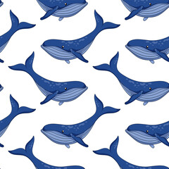 Humpback whale seamless pattern in cartoon. Undersea animal background for summer print design.