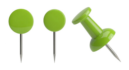 Three bright green push pins isolated on transparent background