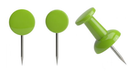 Three bright green push pins isolated on transparent background