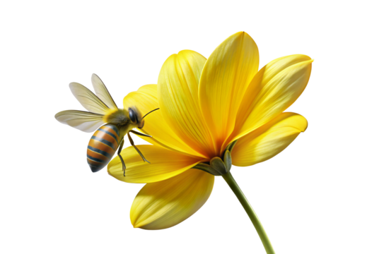 Bee on yellow daisy bloom, isolated on a transparent background