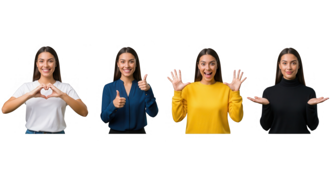 Four poses of a smiling woman isolated on transparent background