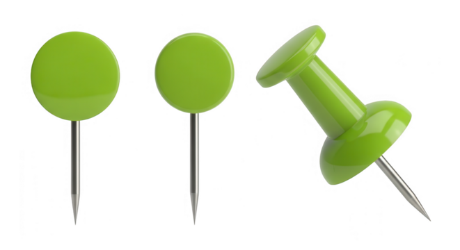 Three bright green push pins isolated on transparent background