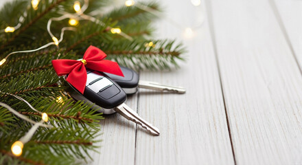Car keys decorated with a bow for holiday automotive advertising campaign