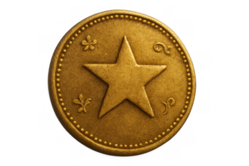 Gold token coin with star design, symbolizing success, achievement, and reward, with transparent background