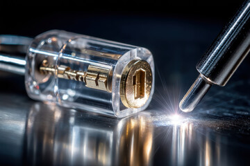 Naklejka premium Precision engineering of a transparent padlock with a shiny key and metallic background
