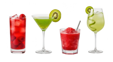 Four colorful cocktail drinks garnished with kiwi and berry isolated on transparent background