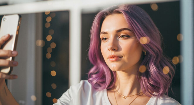 Gen Z girl taking a selfie for her blog and social media engagement - Powered by Adobe