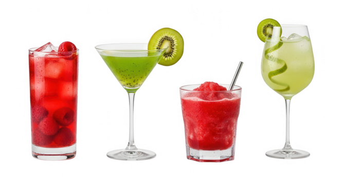 Four colorful cocktail drinks garnished with kiwi and berry isolated on transparent background