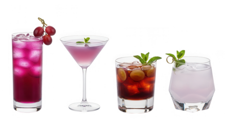 Four different purple and red grape cocktails isolated on transparent background