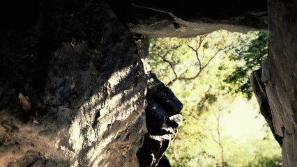 Sunlight filters through a narrow crevice among rugged rocks, revealing a lush green forest beyond. A sense of calm and adventure fills the air as nature unfolds.