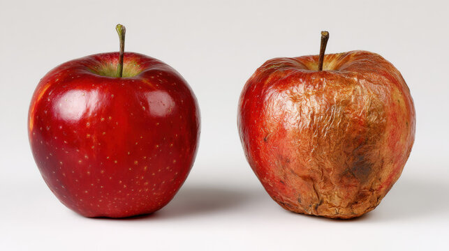 Fresh and rotten apples side-by-side, showing the effects of time and decay. a vibrant, fresh apple with a decaying one, symbolizing aging and the passage of time.
