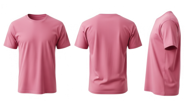 Three views of a plain pink short sleeve tshirt isolated on transparent background