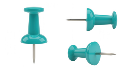 Set of three teal push pins isolated on transparent background