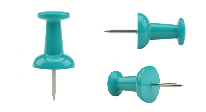 Set of three teal push pins isolated on transparent background