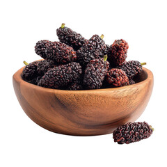 Mulberries in a wooden bowl isolated on transparent background