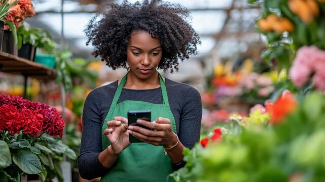 A woman in a green apron is looking at her cell phone while standing in a flower shop - Powered by Adobe