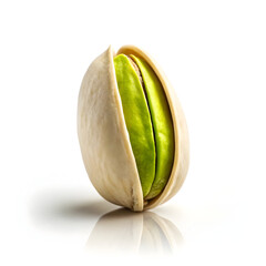 
Single open pistachio nut standing upright on white
