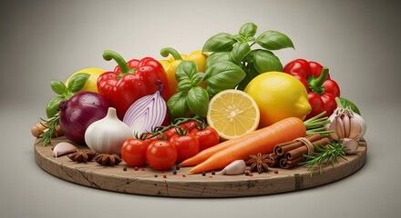 Freshly Gathered Vegetables and Herbs on Wooden Board A Culinary Still Life