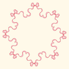 Vector illustration of a circular frame made of hand-drawn pink bows. Delicate and feminine decorative border perfect for invitations, cards, packaging, branding, and elegant design projects