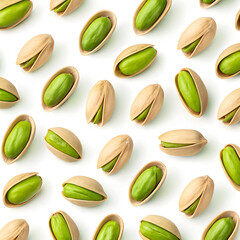 Scattered pistachio nuts pattern on white background