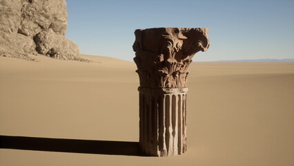 Fototapeta premium In a sunlit desert landscape, a weathered ancient column rises from the golden sand, surrounded by endless dunes. The clear sky highlights the intricate carvings.