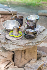 Camping Cookware on Stone Table