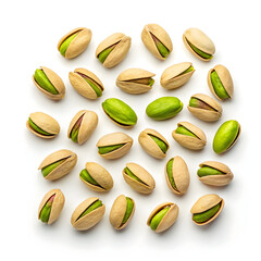 Scattered pistachio nuts arranged on white background