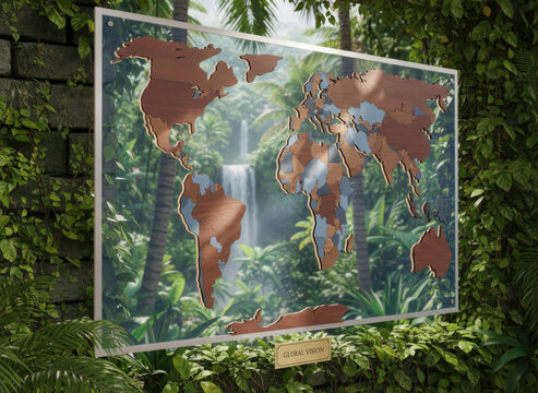 Wooden and painted world map in a glass frame, suspended against a background of tropical rainforest and a waterfall.