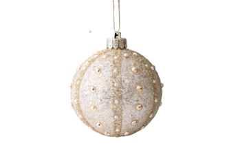 White frosted Christmas ornament ball decorated with gold glitter pearl beads, isolated on a transparent background