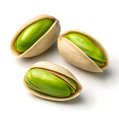 Angled pistachio nuts with bright green kernels