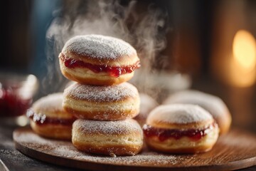 golden hanukkah sufganiyot stacked on rustic board with sugar and jam filling showing warm dessert tradition suitable for festive food visuals culture menus seasonal projects celebration themes
