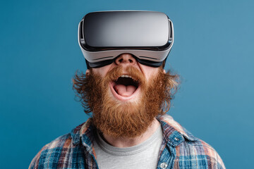 Close-up of a young man wearing a modern VR headset, immersed in virtual reality, with futuristic reflections on the visor, symbolizing cutting-edge technology, gaming, and immersive digital