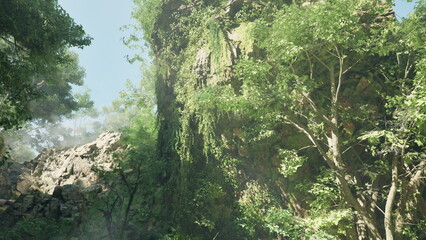 A stunning cliff rises above the forest, covered in vibrant greenery. Sunlight filters through the trees, creating a serene atmosphere filled with natures beauty in the early morning.