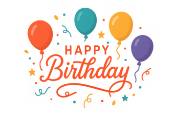 Happy birthday calligraphy text with colorful balloons, confetti, and stars, creating a festive party greeting on transparent background